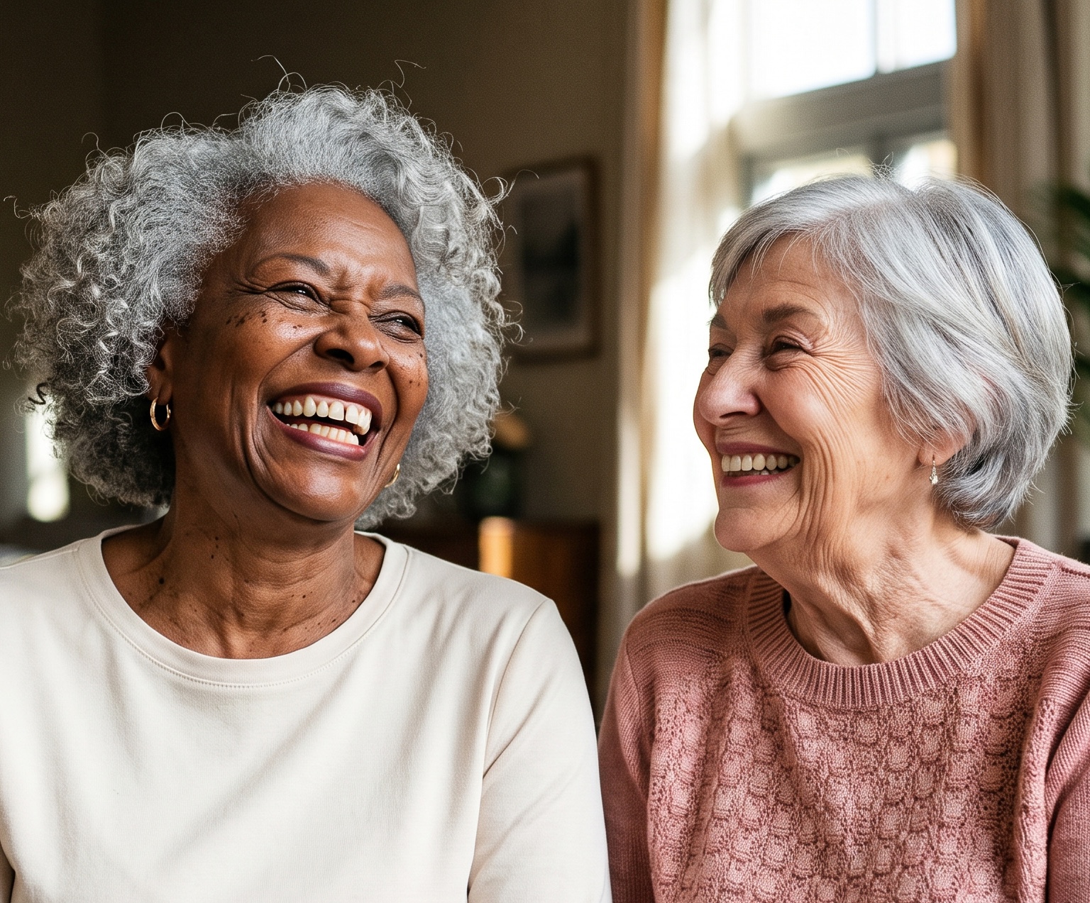 Two senior women laughing together in a warm, sunlit community lounge